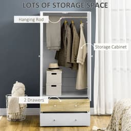 image-2 Door Wardrobe White Wardrobe with Drawers and Hanging Rod for Bedroom