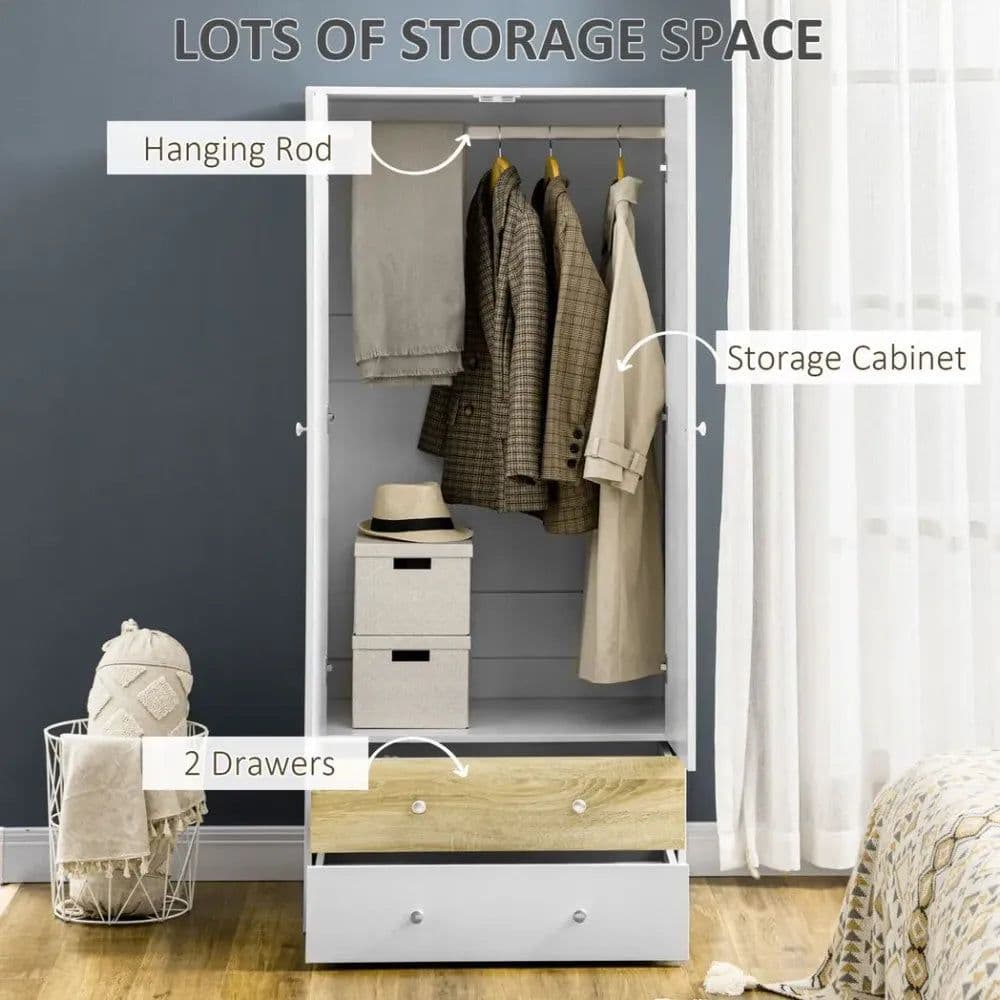 image-2 Door Wardrobe White Wardrobe with Drawers and Hanging Rod for Bedroom