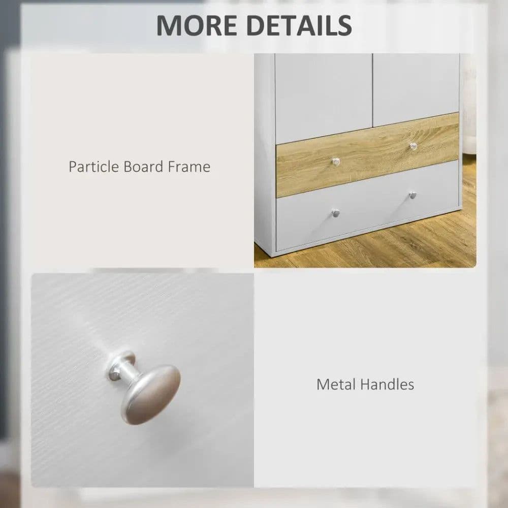 image-2 Door Wardrobe White Wardrobe with Drawers and Hanging Rod for Bedroom