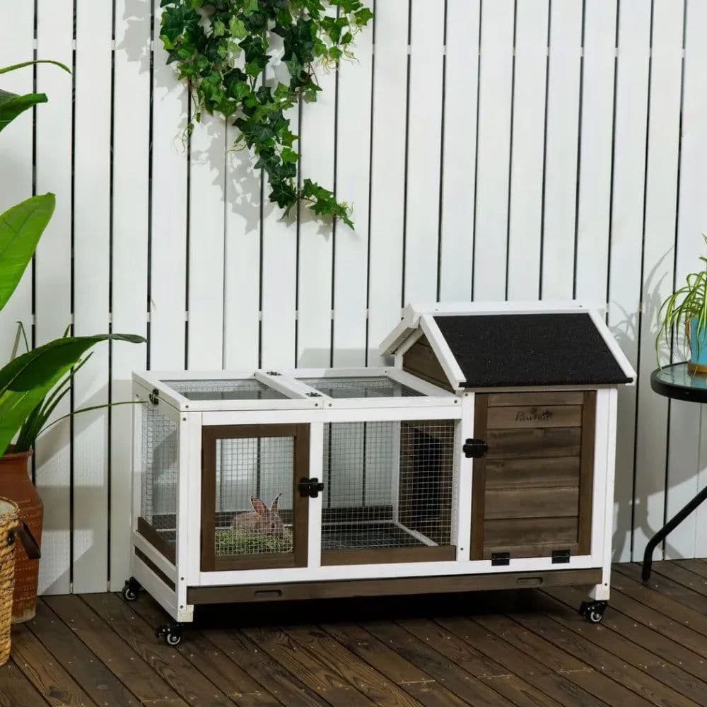 image-Rabbit Hutch Guinea Pig Cage with Slide-out Tray Wheels for Outdoor & Indoor