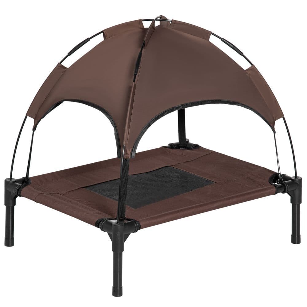image-61 cm Elevated Pet Bed Dog Cot Tent with Canopy Instant Shelter Outdoor Brown