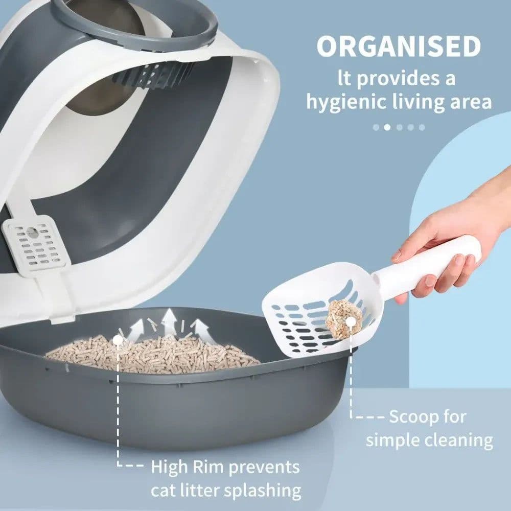 image-Cat Litter Tray with Lid, Hooded Cat Litter Box w/ High Side, Deodorant, Scoop