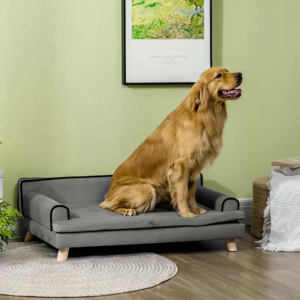 image-Pet Sofa for Large, Medium Dogs, with Wooden Legs Water-resistant Fabric, Grey