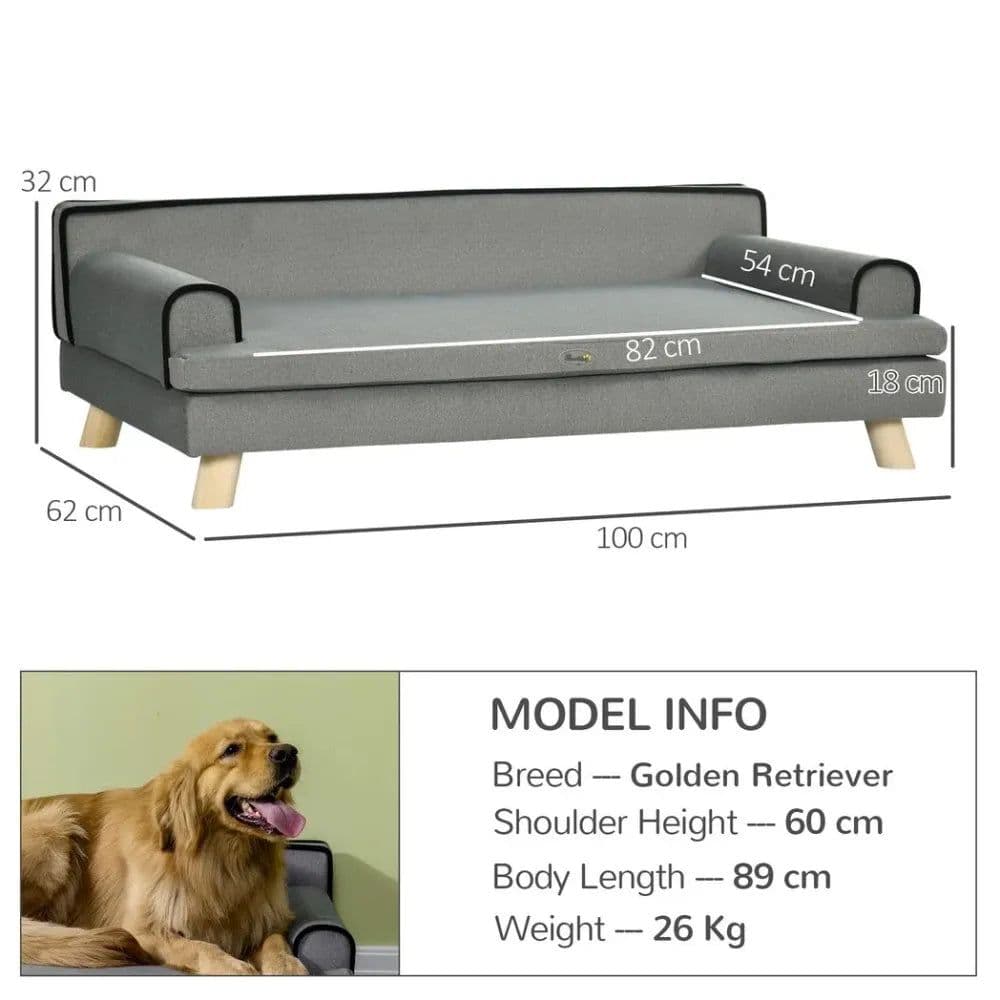 image-Pet Sofa for Large, Medium Dogs, with Wooden Legs Water-resistant Fabric, Grey