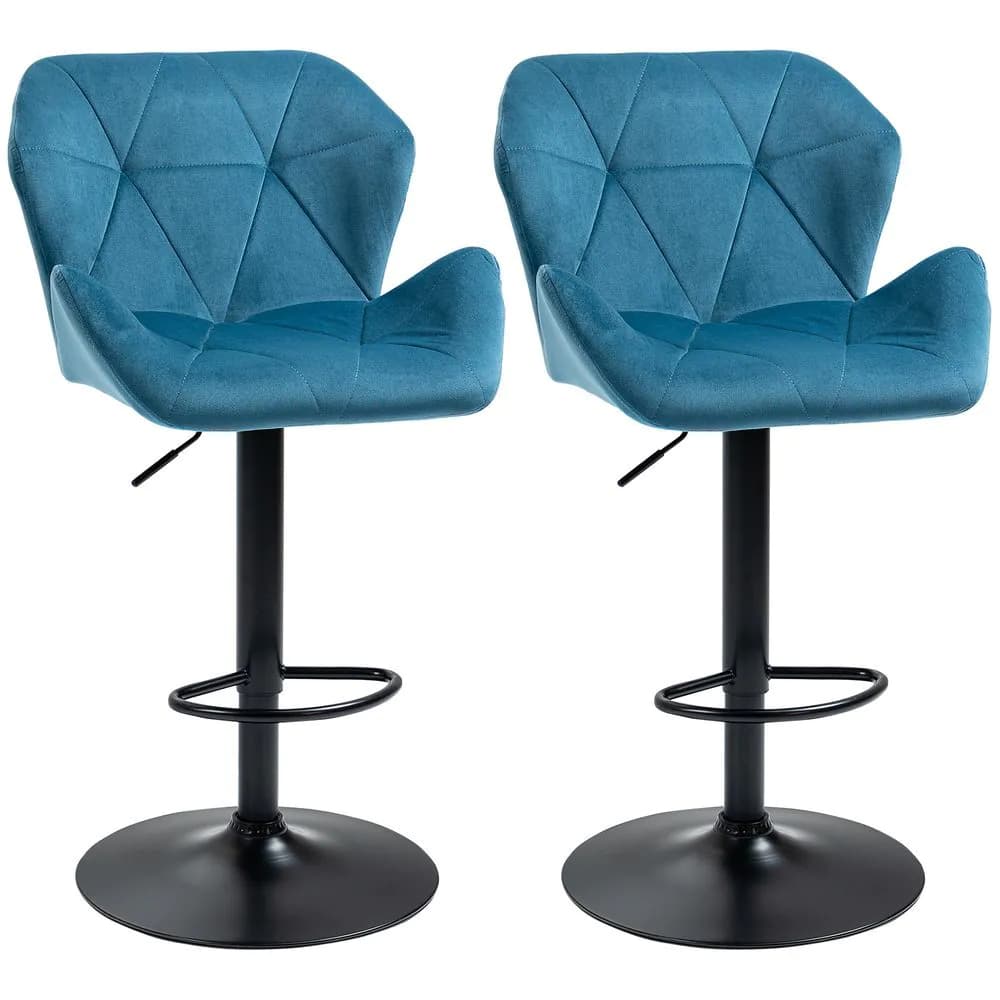 image-Set Of 2 Luxurious Velvet-Touch Bar Stools w/ Metal Frame Footrest Base Blue
