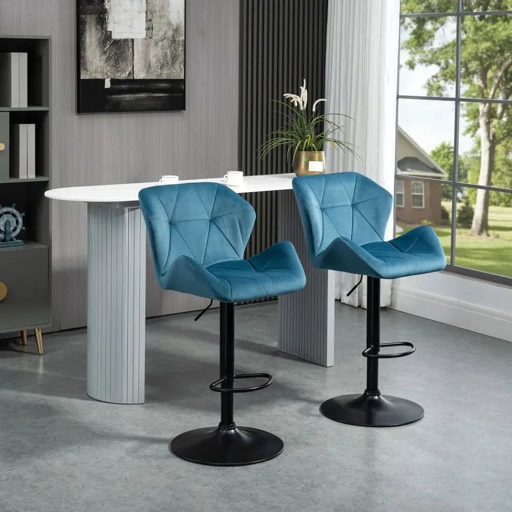 image-Set Of 2 Luxurious Velvet-Touch Bar Stools w/ Metal Frame Footrest Base Blue