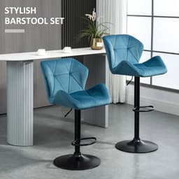 image-Set Of 2 Luxurious Velvet-Touch Bar Stools w/ Metal Frame Footrest Base Blue