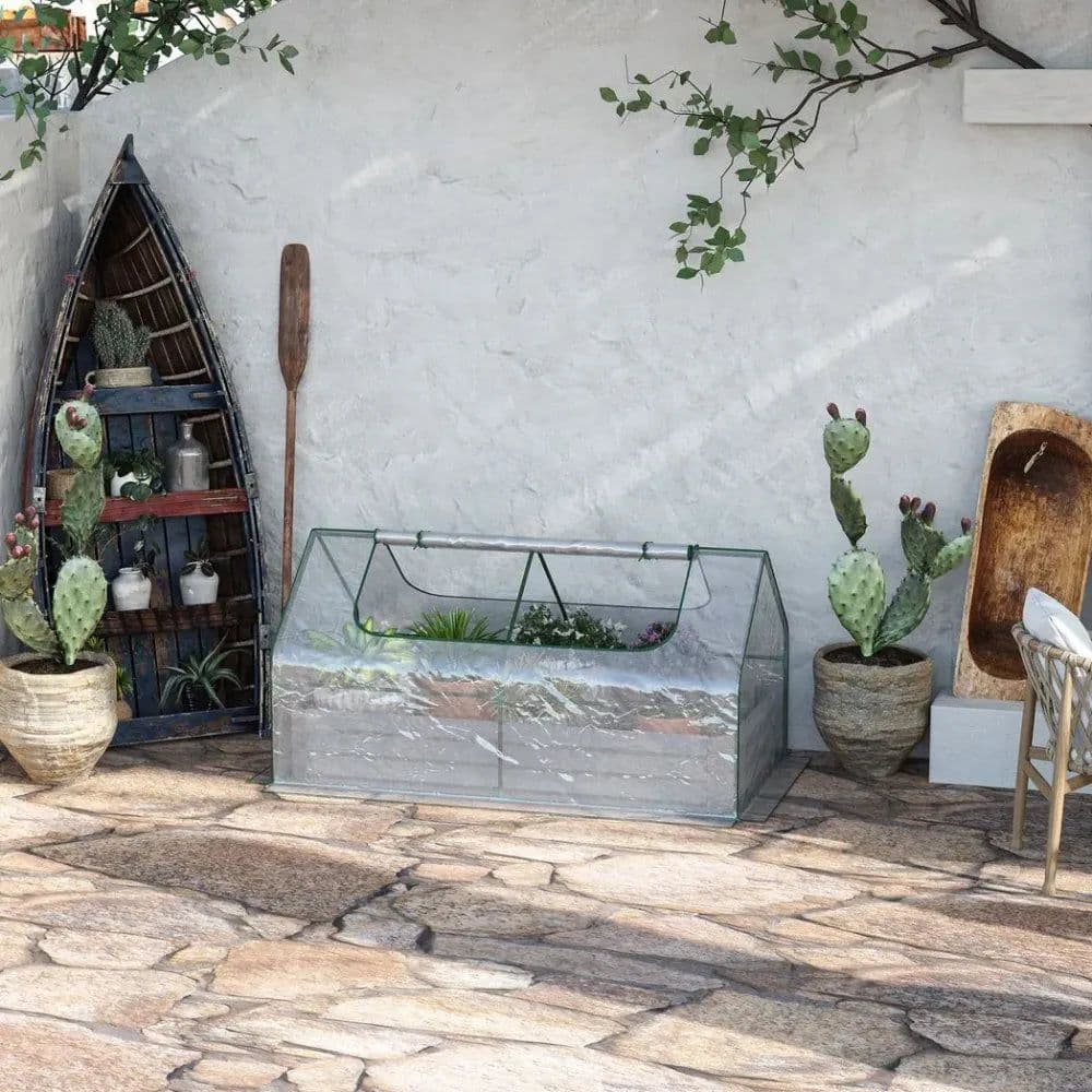 image-Steel Raised Garden Bed Planter Box Kit with Greenhouse, for Dual Use, Clear
