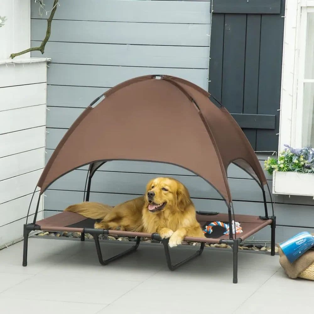 image-122 cm Elevated Pet Bed Dog Cot Tent with Canopy Instant Shelter Outdoor Coffee