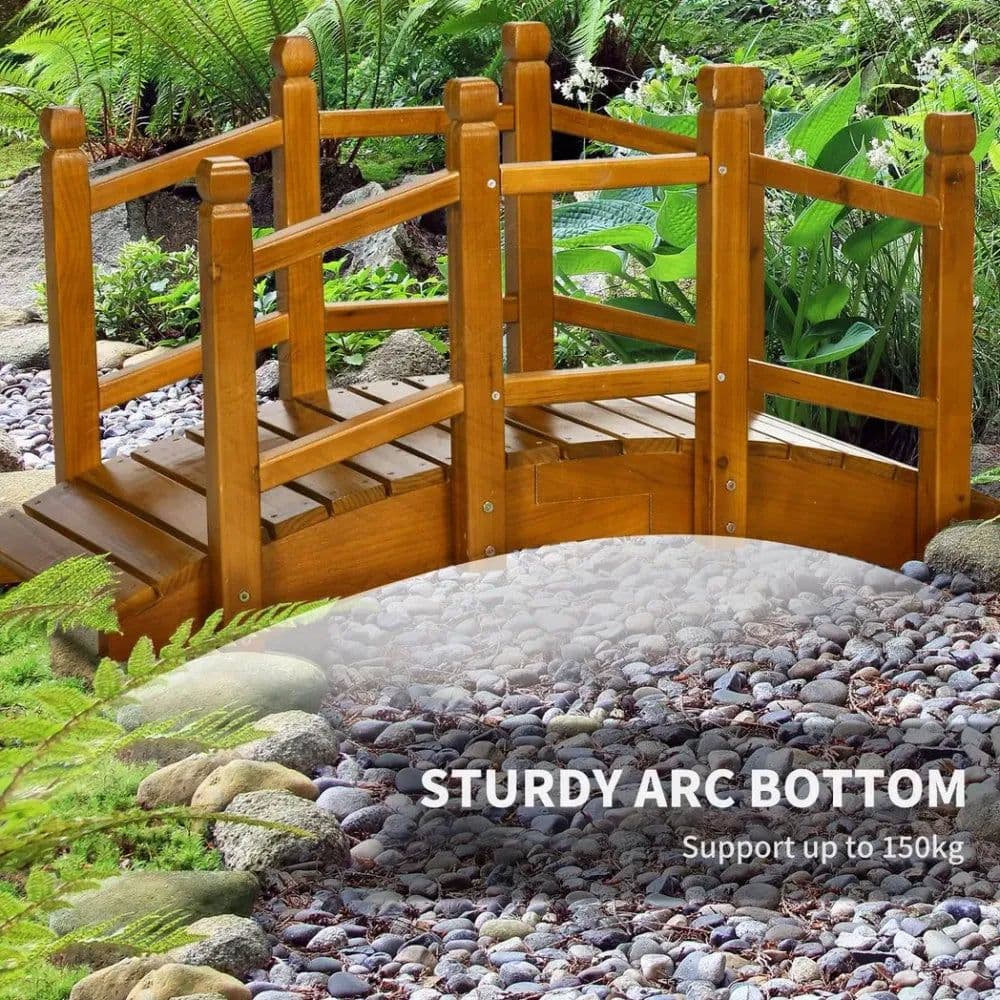 image-Wooden Garden Bridge Arc Footbridge with Safety Railings for Pond Creek Stream