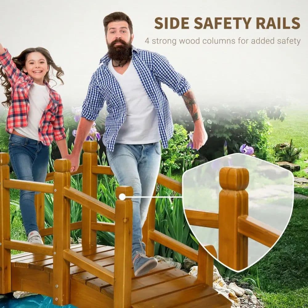image-Wooden Garden Bridge Arc Footbridge with Safety Railings for Pond Creek Stream