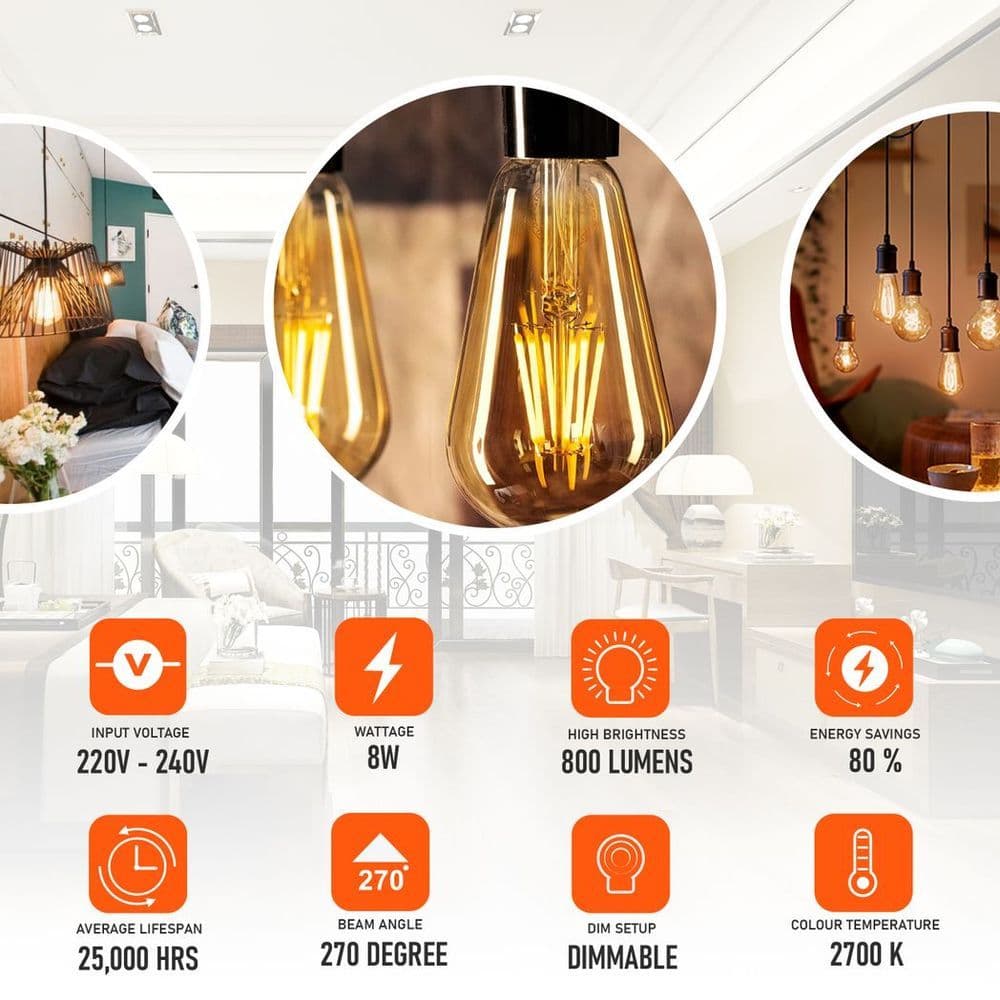 image-6Pack E27 LED Edison Dimmable Vintage Amber Glass Warm white 2700K Light Bulb