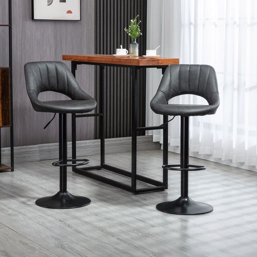 image-Barstools Set of 2 Adjustable Swivel Height PU Leather Counter Chairs Footrest