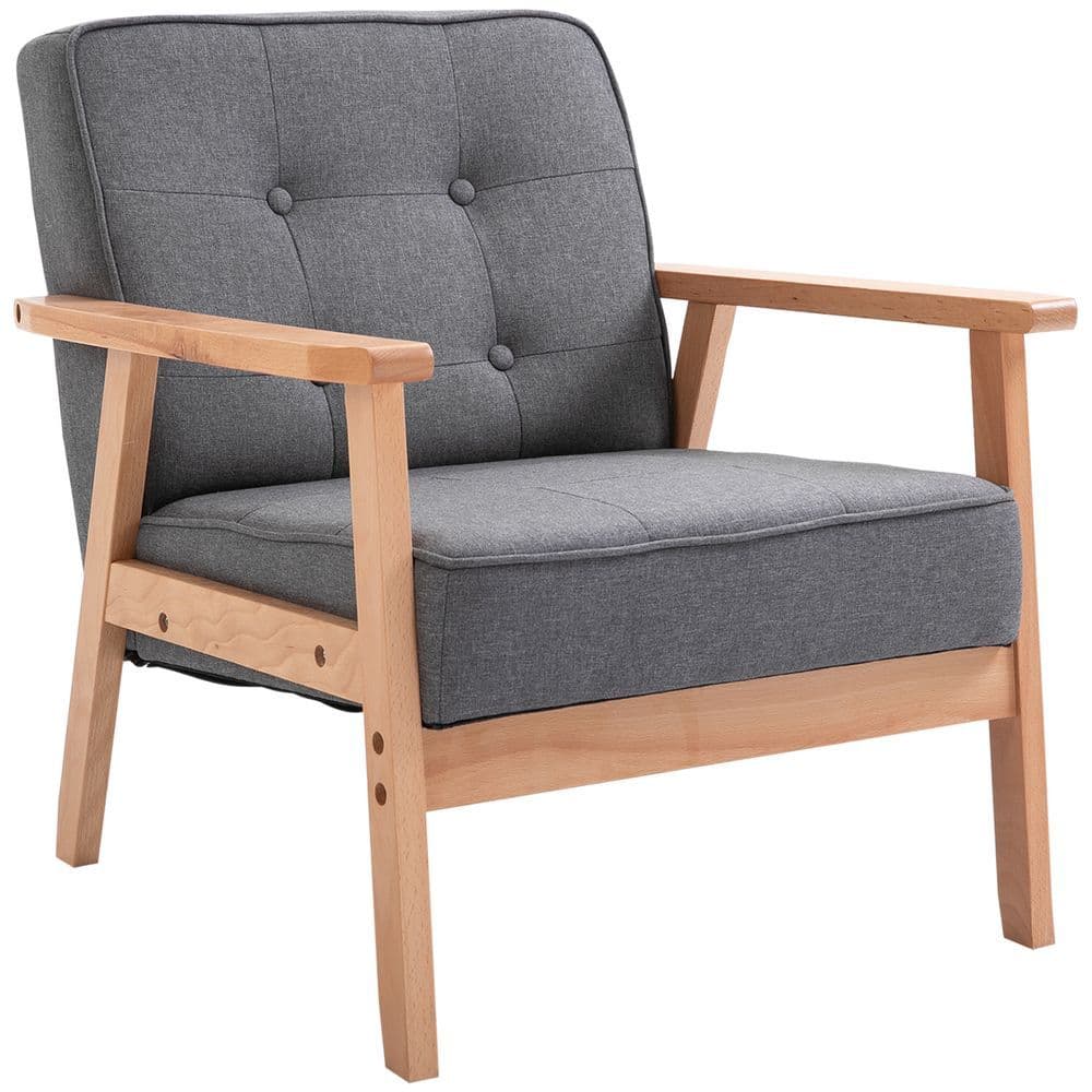 image-Retro Single Sofa Armchair Beech Wood Frame Padded Cushion Linen Fabric Grey