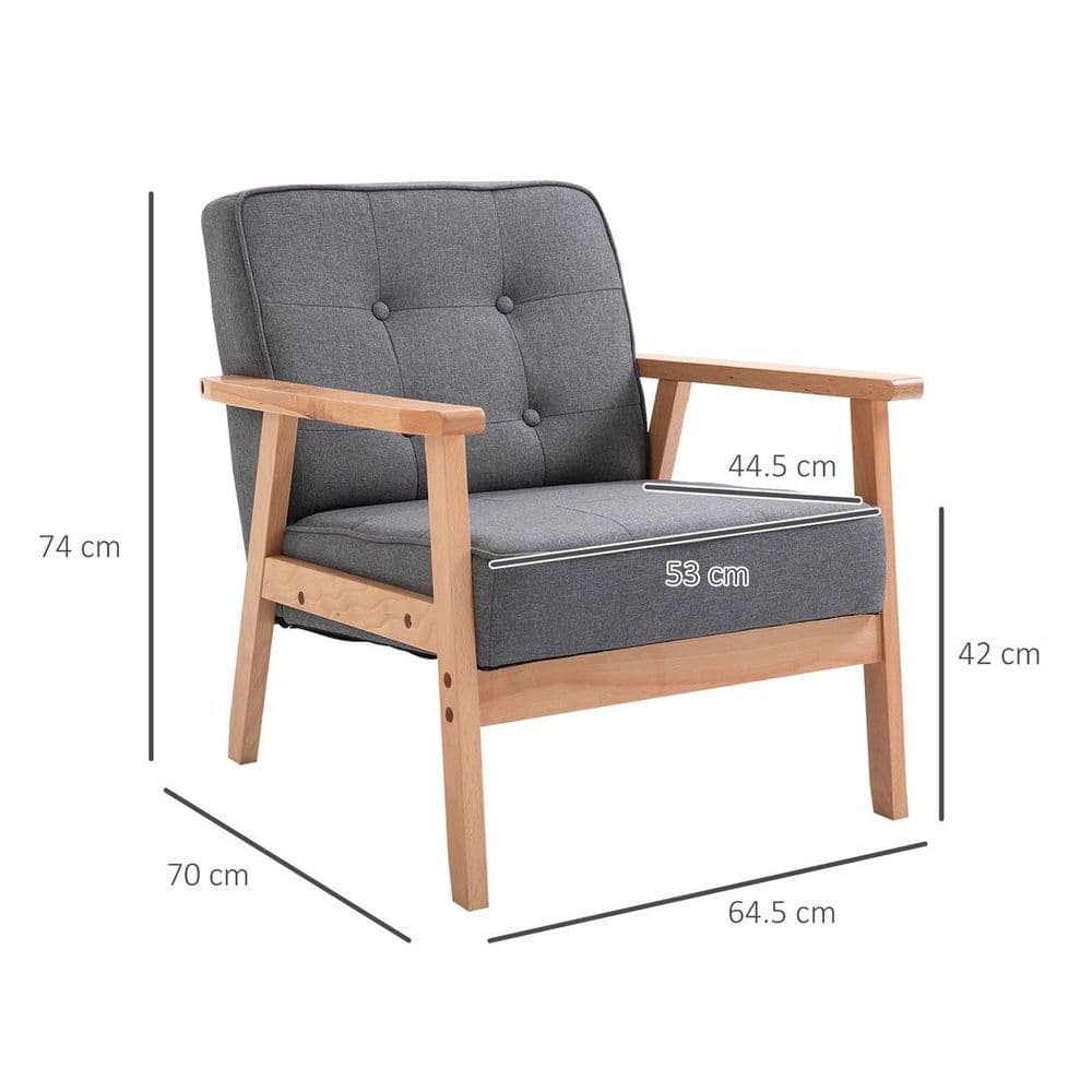 image-Retro Single Sofa Armchair Beech Wood Frame Padded Cushion Linen Fabric Grey