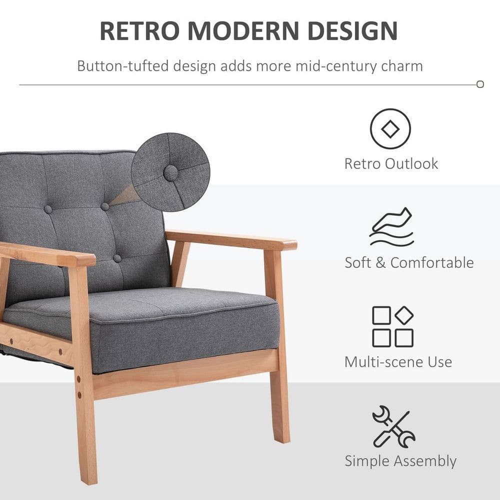image-Retro Single Sofa Armchair Beech Wood Frame Padded Cushion Linen Fabric Grey