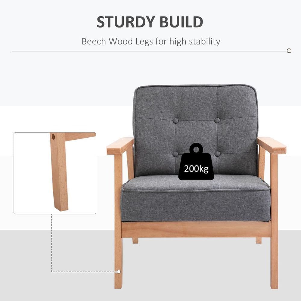 image-Retro Single Sofa Armchair Beech Wood Frame Padded Cushion Linen Fabric Grey