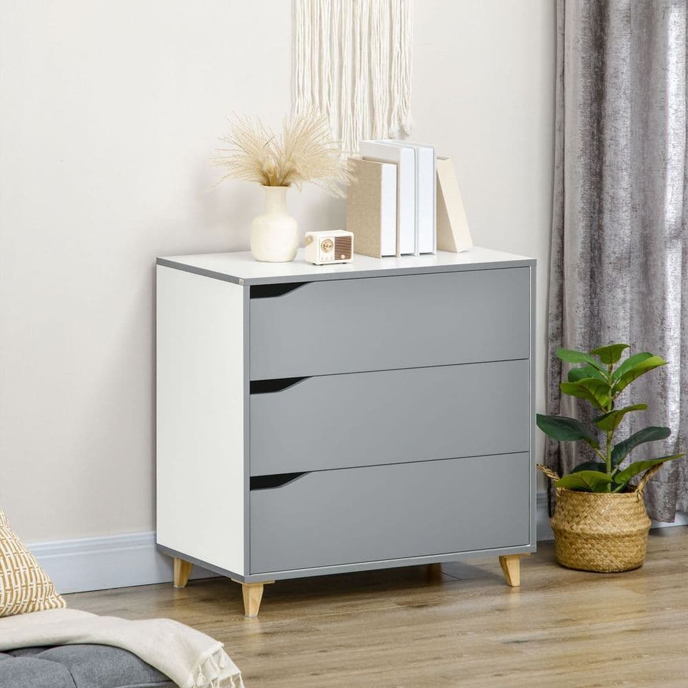 image-Chest of Drawers 3-Drawer Dresser Storage Cabinet with Solid Wood Legs Grey