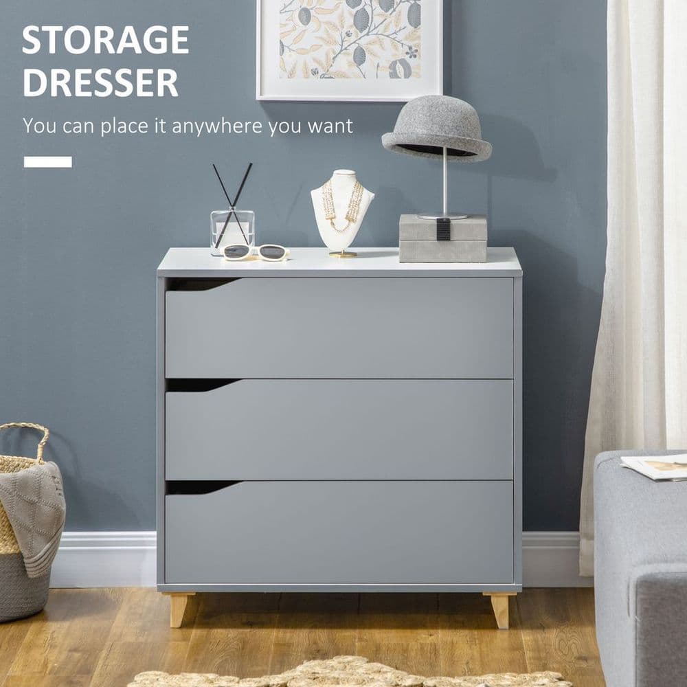 image-Chest of Drawers 3-Drawer Dresser Storage Cabinet with Solid Wood Legs Grey