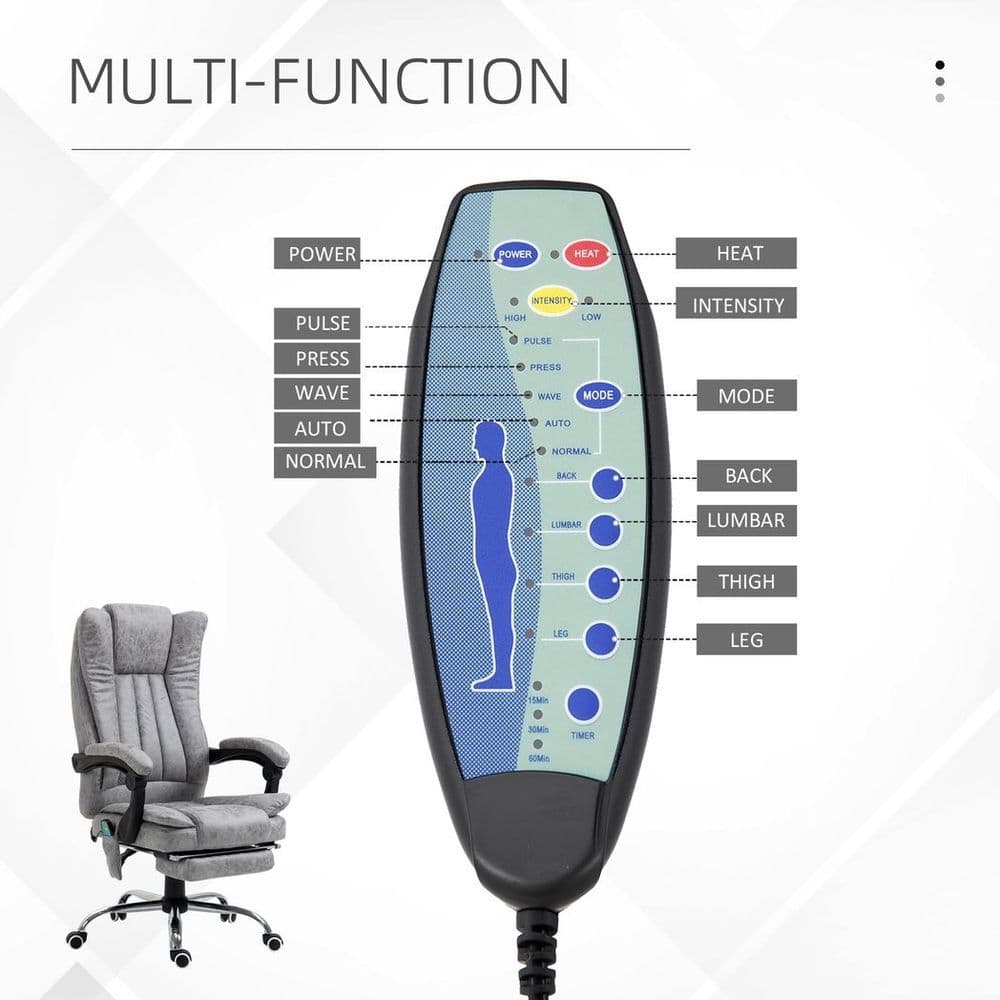 image-6-Point Vibrating Massage Office Chair w/ Microfibre Upholstery Arms Grey