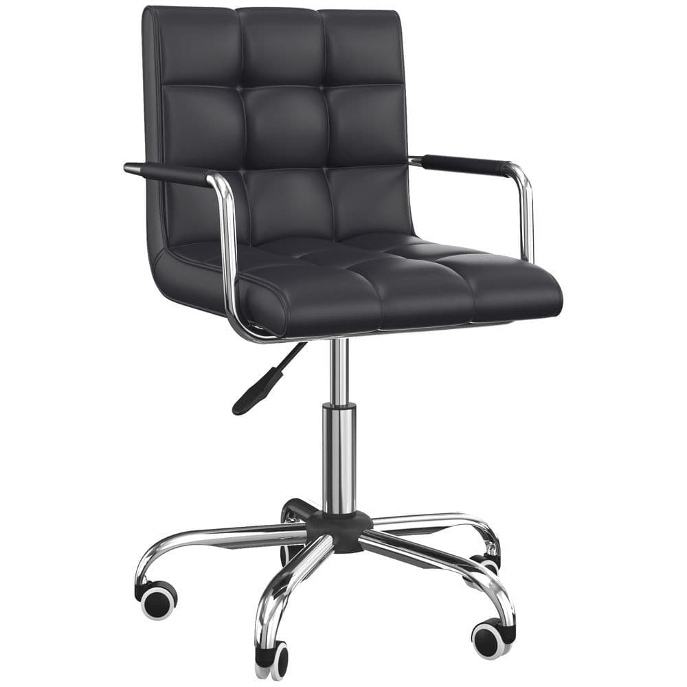image-Mid Back PU Leather Home Office Chair Swivel Desk Chair with Arm, Wheel, Black
