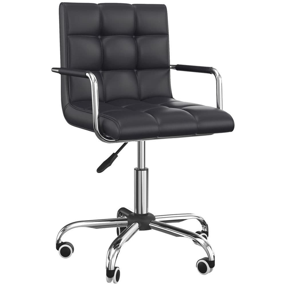 image-Mid Back PU Leather Home Office Chair Swivel Desk Chair with Arm, Wheel, Black