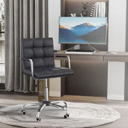 image-Mid Back PU Leather Home Office Chair Swivel Desk Chair with Arm, Wheel, Black
