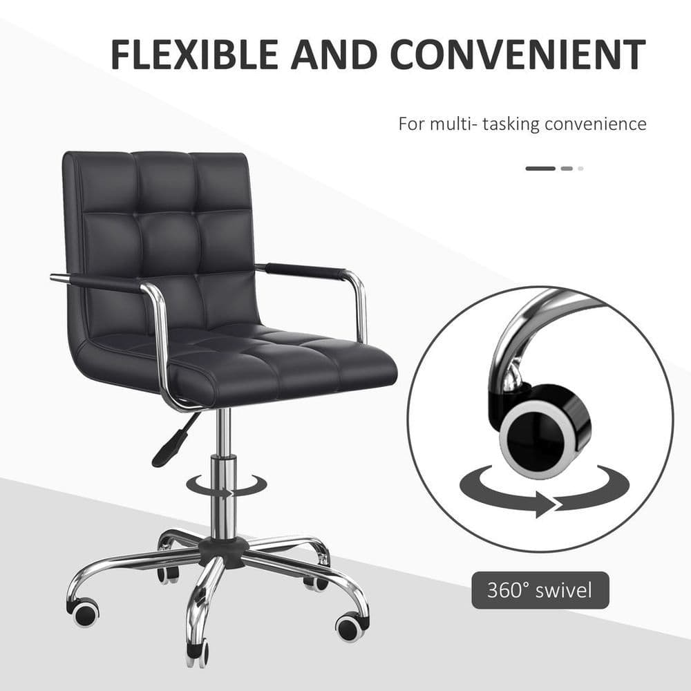 image-Mid Back PU Leather Home Office Chair Swivel Desk Chair with Arm, Wheel, Black
