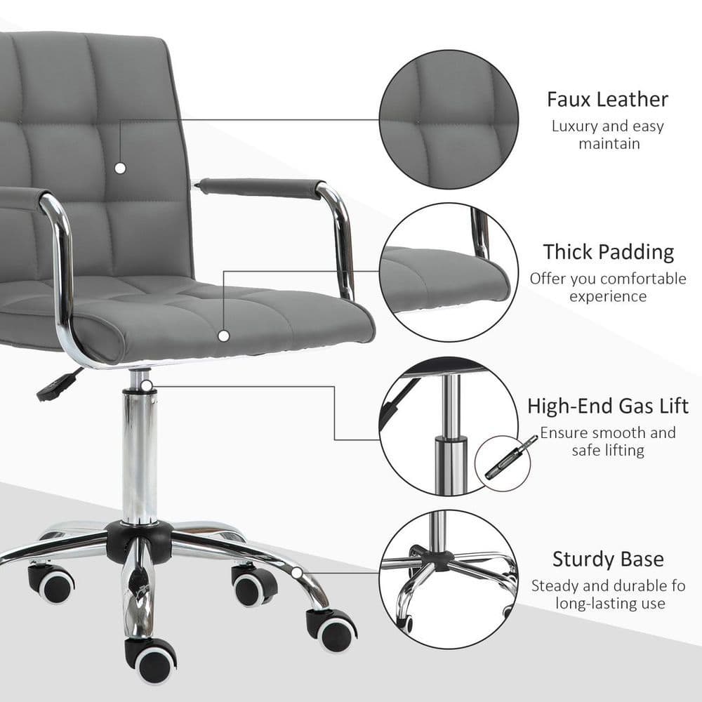 image-Mid Back PU Leather Home Office Chair Swivel Desk Chair with Arm, Wheel, Grey