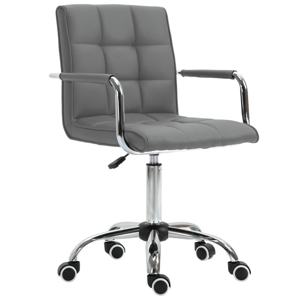 image-Mid Back PU Leather Home Office Chair Swivel Desk Chair with Arm, Wheel, Grey