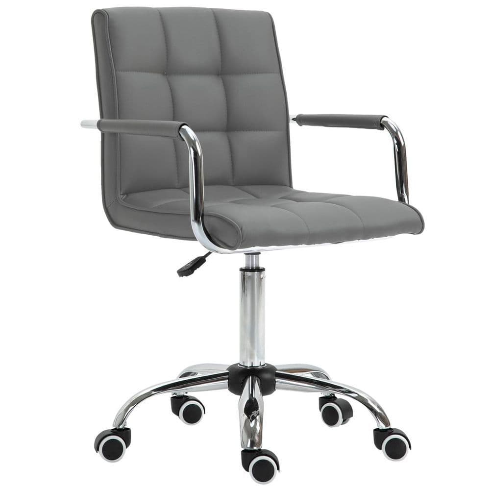 image-Mid Back PU Leather Home Office Chair Swivel Desk Chair with Arm, Wheel, Grey