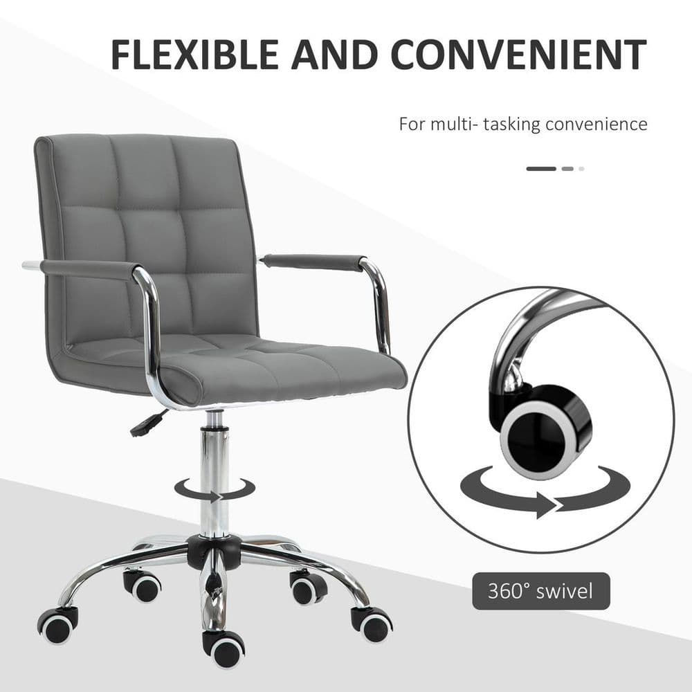 image-Mid Back PU Leather Home Office Chair Swivel Desk Chair with Arm, Wheel, Grey