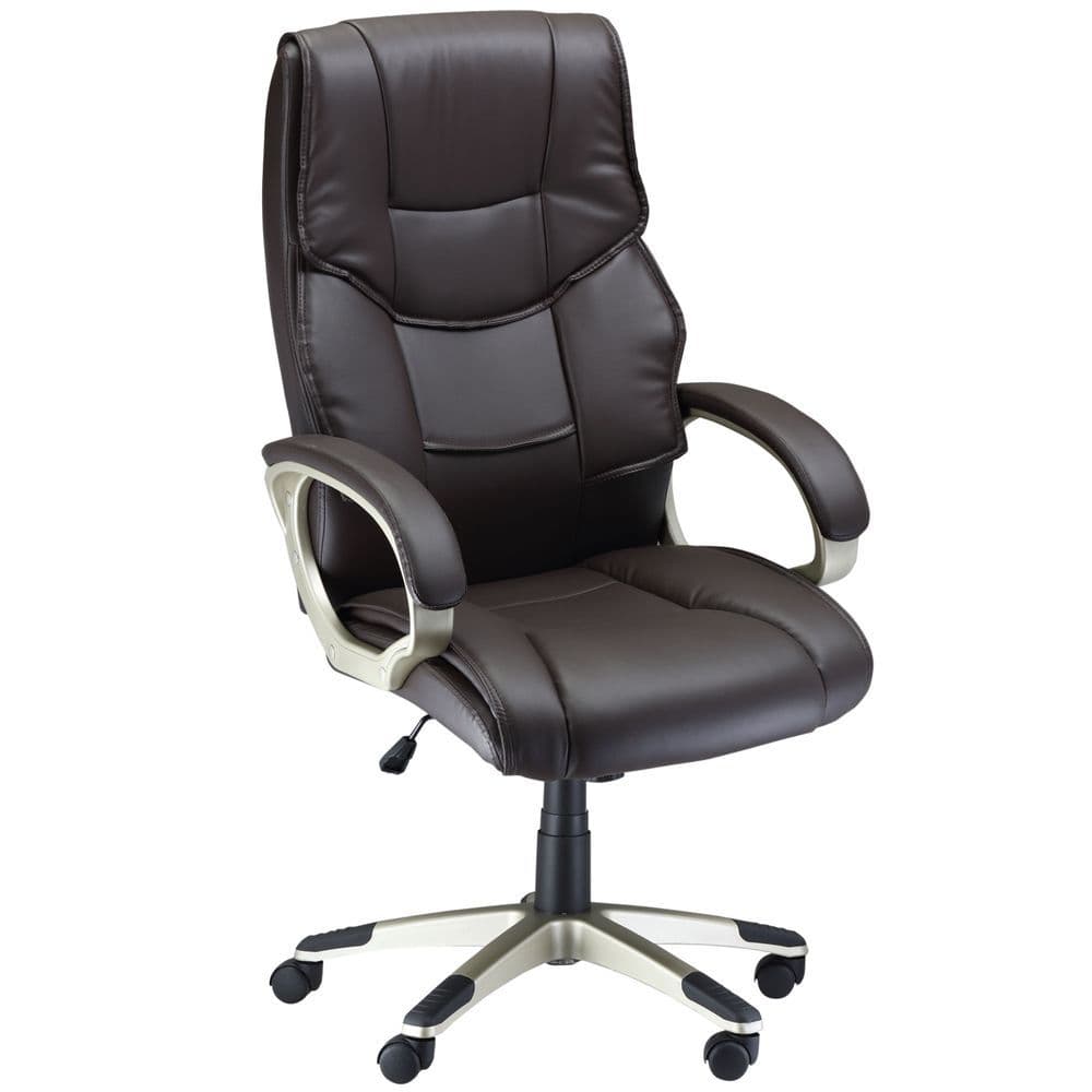 image-Executive Computer Office Desk Chair High Back Faux Leather Swivel Chair Brown