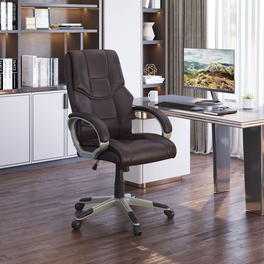 image-Executive Computer Office Desk Chair High Back Faux Leather Swivel Chair Brown