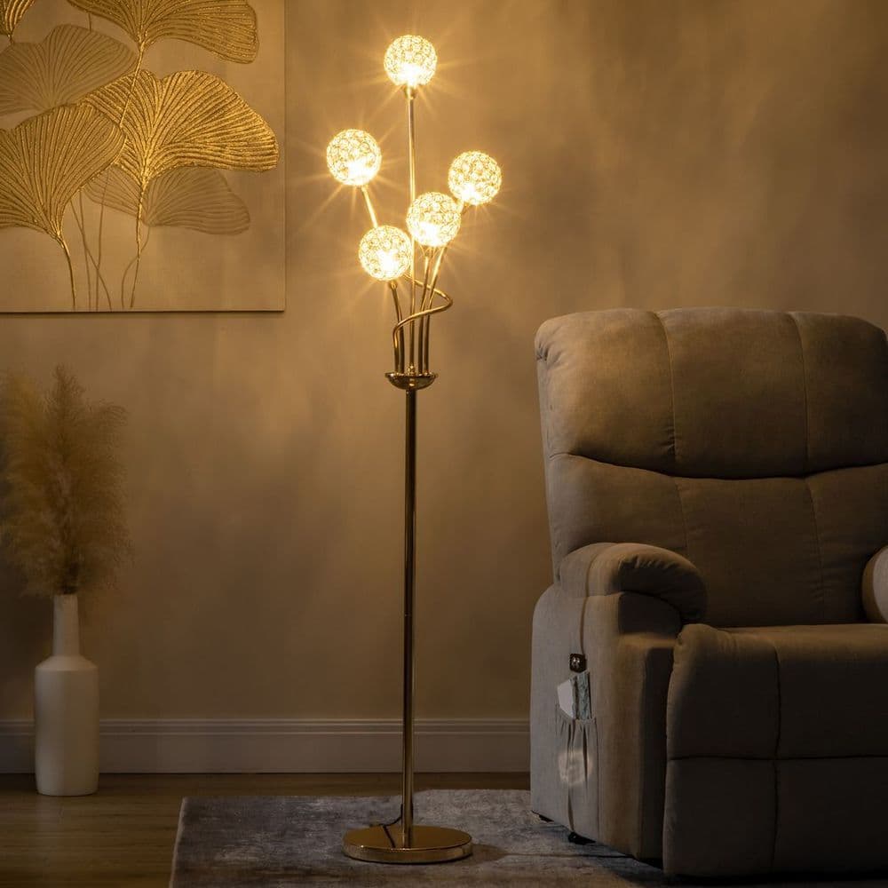 image-K9 Crystal Floor Lamp for Living Room, 5 Light Upright Standing Lamp, Gold