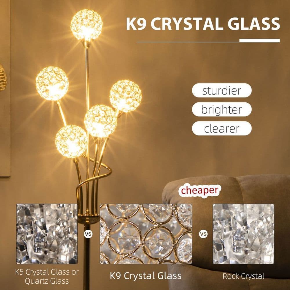 image-K9 Crystal Floor Lamp for Living Room, 5 Light Upright Standing Lamp, Gold