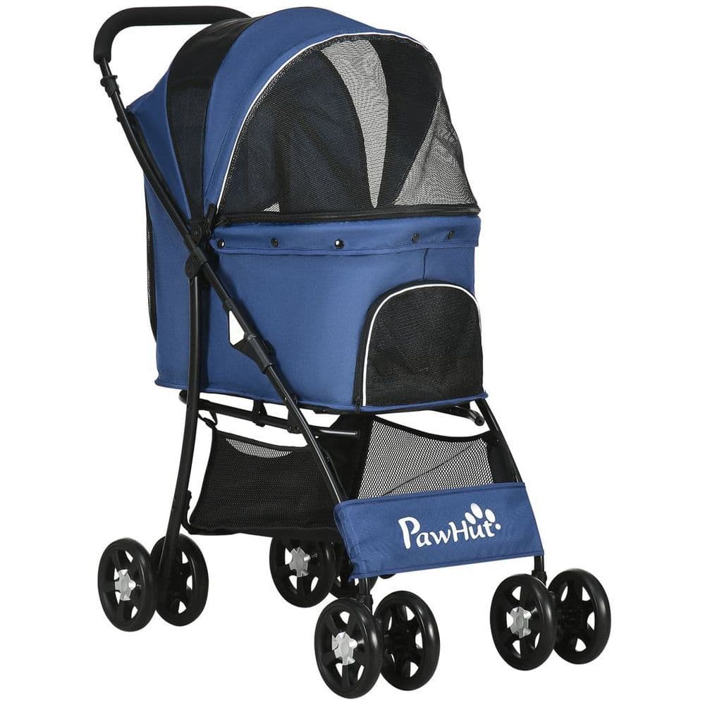 image-PawHut Foldable Dog Stroller w/ Large Carriage, Universal Wheels, Brakes - Blue