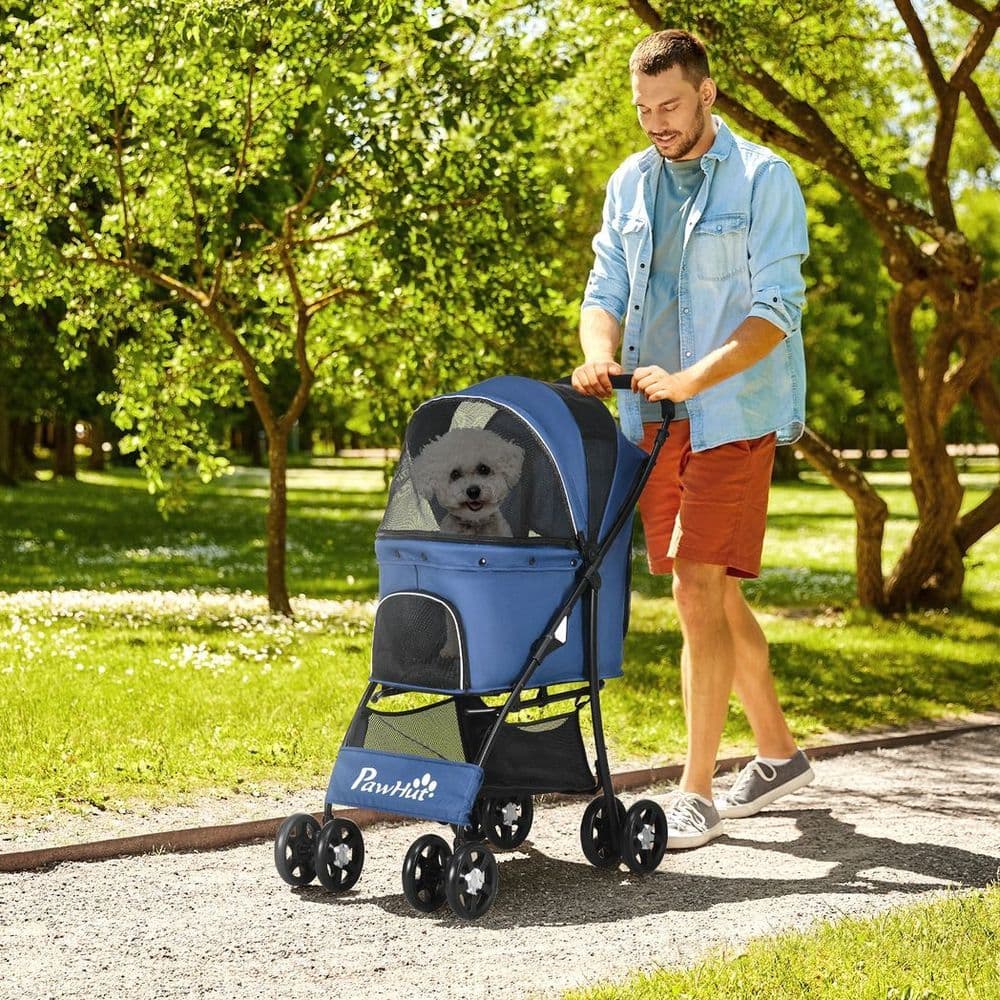 image-PawHut Foldable Dog Stroller w/ Large Carriage, Universal Wheels, Brakes - Blue