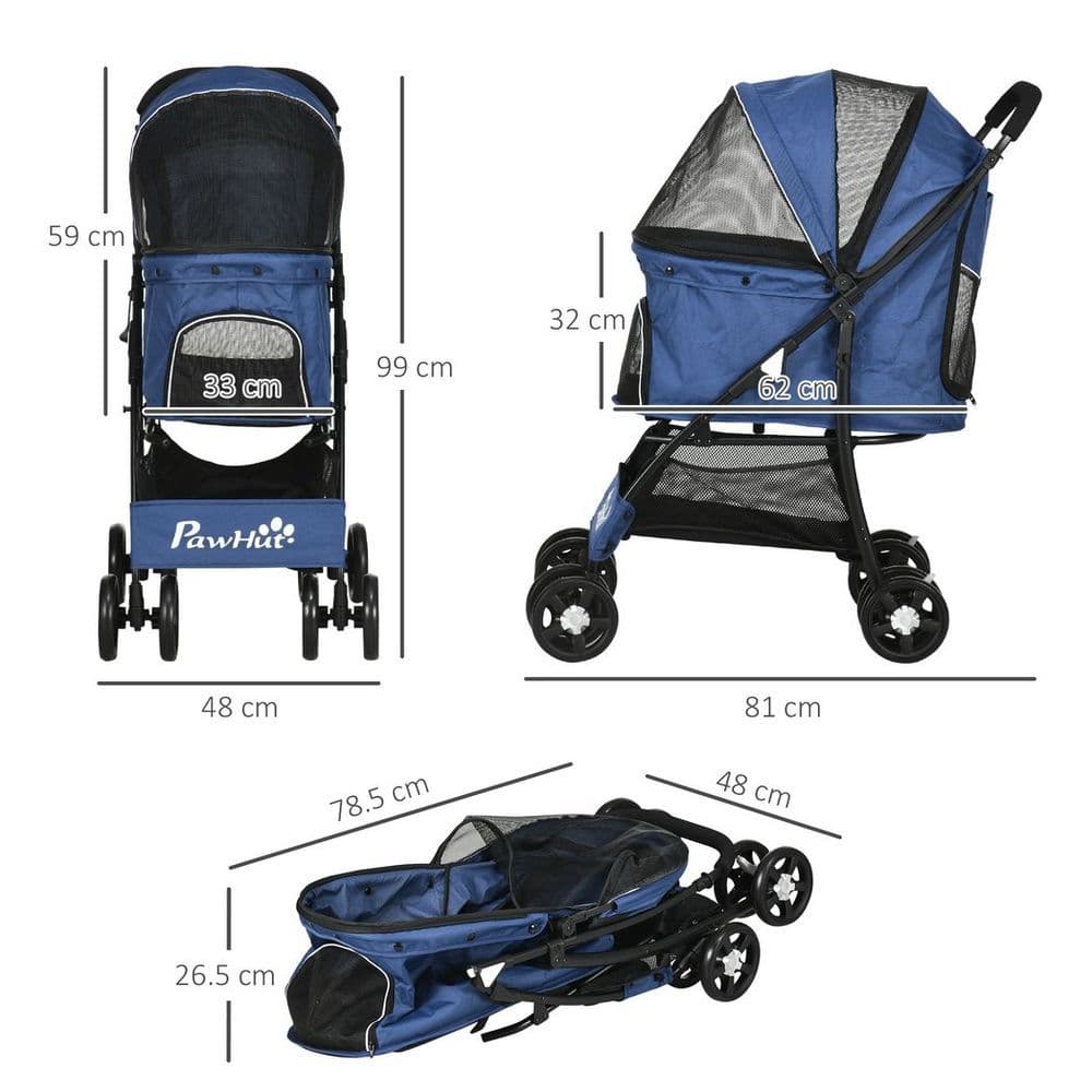 image-PawHut Foldable Dog Stroller w/ Large Carriage, Universal Wheels, Brakes - Blue