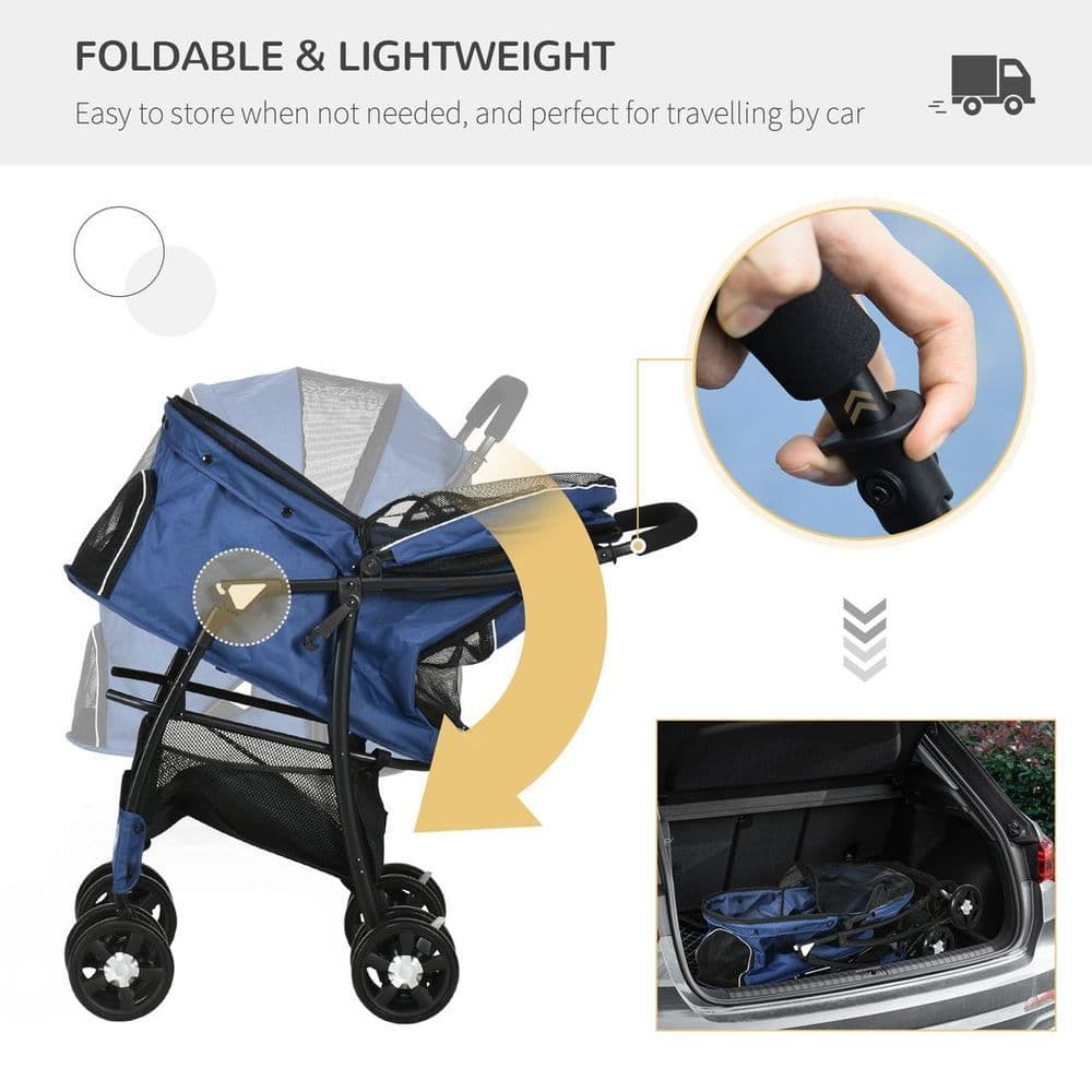 image-PawHut Foldable Dog Stroller w/ Large Carriage, Universal Wheels, Brakes - Blue