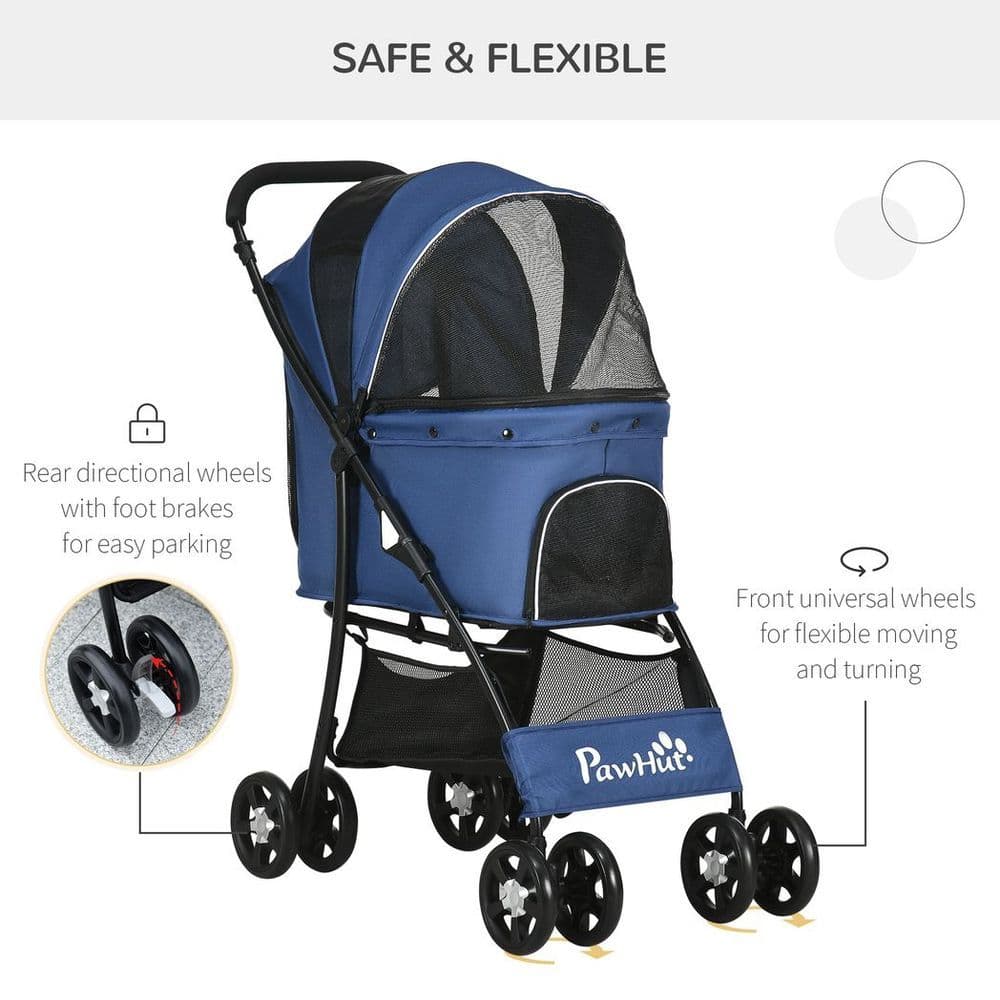 image-PawHut Foldable Dog Stroller w/ Large Carriage, Universal Wheels, Brakes - Blue