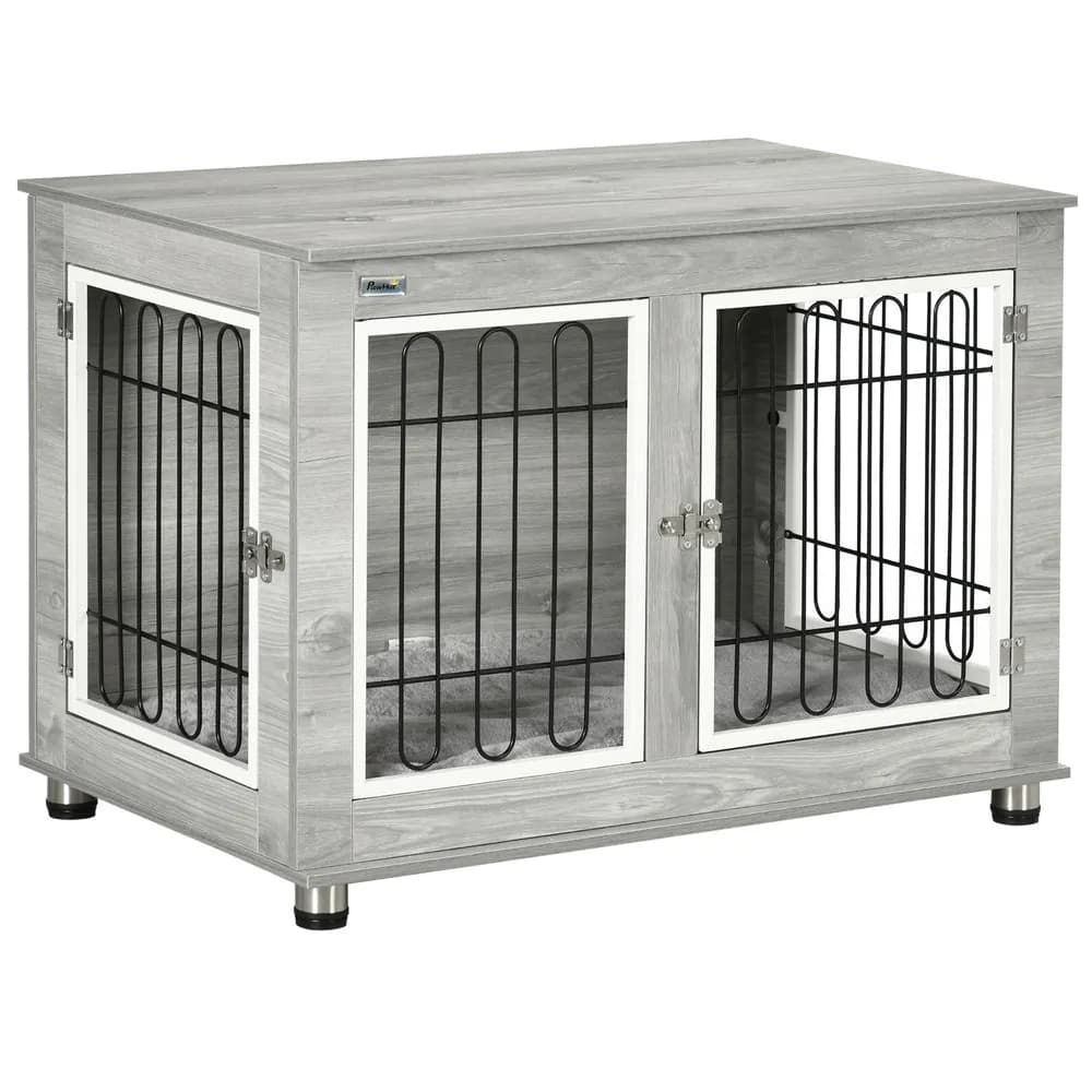 image-PawHut Dog Crate Furniture, Dog Crate End Table w/ Soft Cushion, Double Door