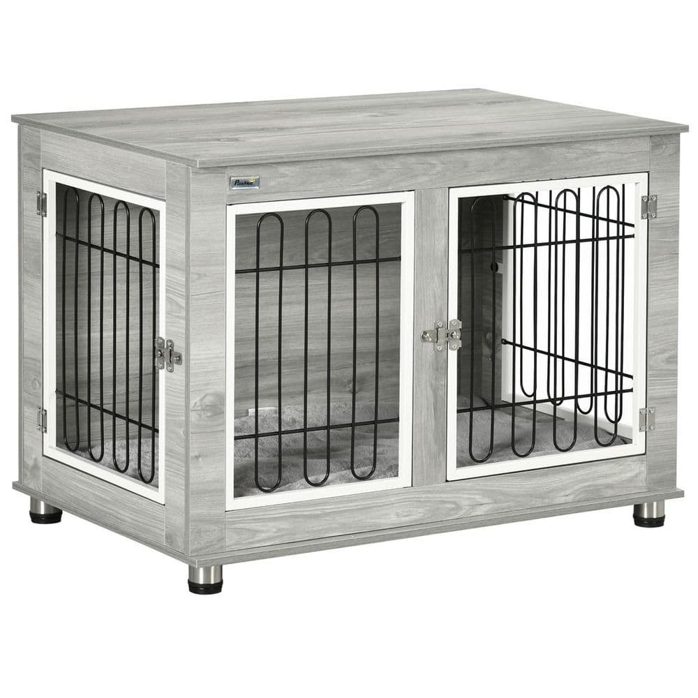 image-PawHut Dog Crate Furniture, Dog Crate End Table w/ Soft Cushion, Double Door