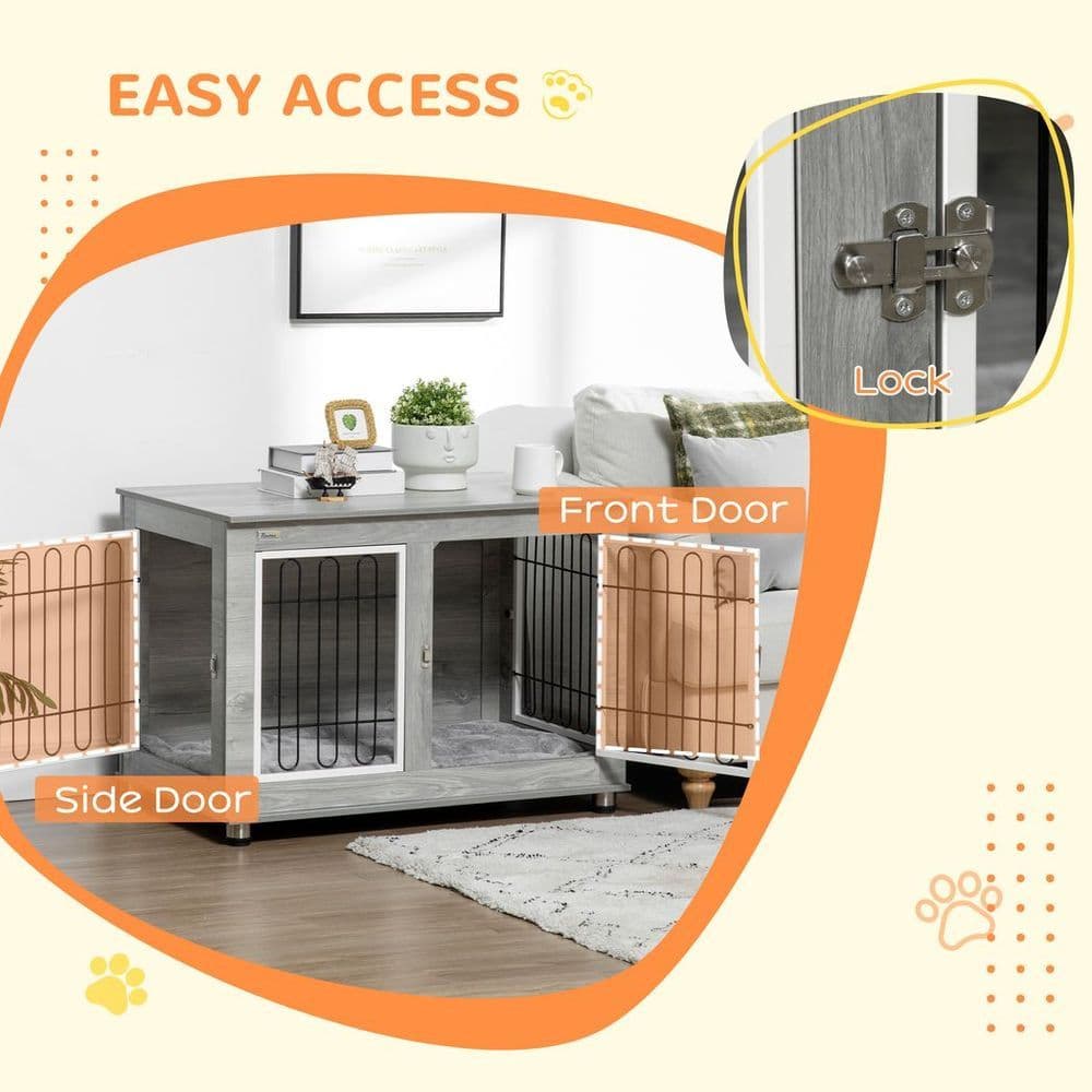 image-PawHut Dog Crate Furniture, Dog Crate End Table w/ Soft Cushion, Double Door