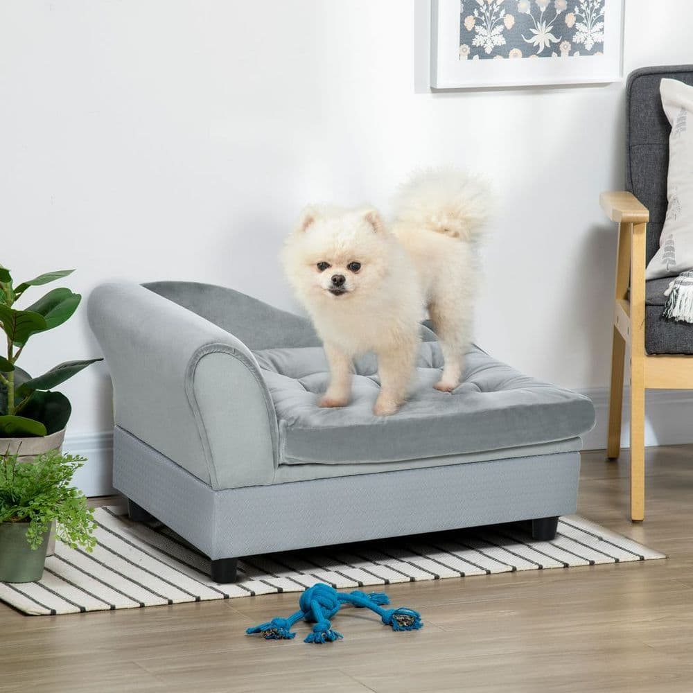 image-PawHut Pet Sofa Dog Chair Cat Couch w/ Storage, Cushion - Light Blue