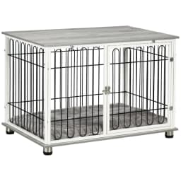 image-PawHut Dog Crate Furniture End Table w/ Soft Washable Cushion, Lockable Door
