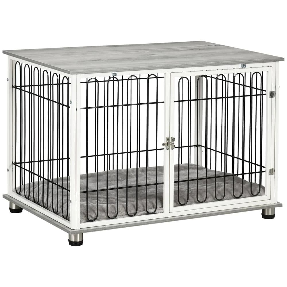 image-PawHut Dog Crate Furniture End Table w/ Soft Washable Cushion, Lockable Door