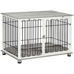 image-PawHut Dog Crate Furniture End Table w/ Soft Washable Cushion, Lockable Door