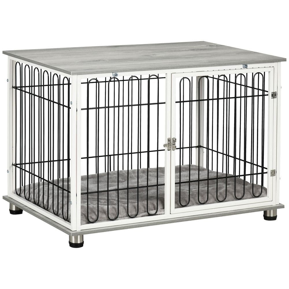 image-PawHut Dog Crate Furniture End Table w/ Soft Washable Cushion, Lockable Door