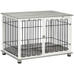 image-PawHut Dog Crate Furniture End Table w/ Soft Washable Cushion, Lockable Door